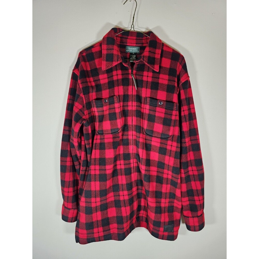Vintage Lauren Ralph Lauren Mens Medium Red Black Plaid Fleece Full Zip Flannel